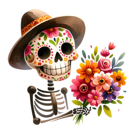 A skeleton with a painted face holding a bouquet of flowersの素材