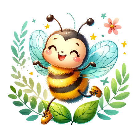 A cheerful bee character surrounded by foliageの素材