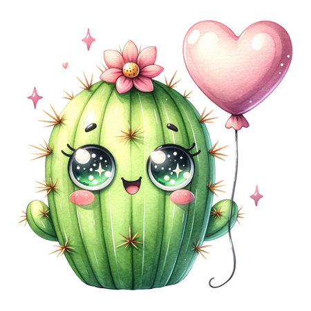A happy cactus character holding a heart balloonの素材