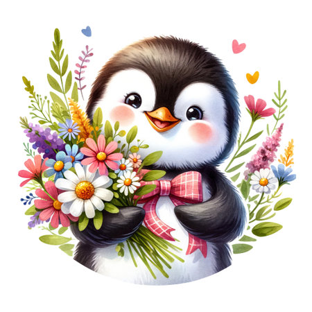 A penguin with a bouquet of colorful flowersの素材