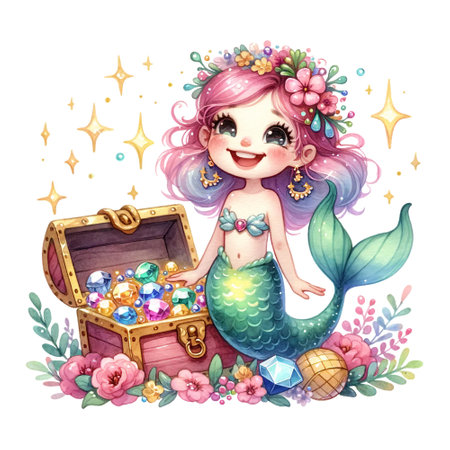 A mermaid with treasure chest and pink hair among flowersの素材