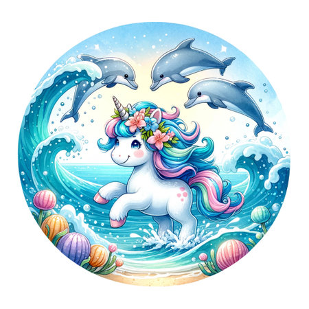 A unicorn plays in ocean waves with dolphins under a clear skyの素材