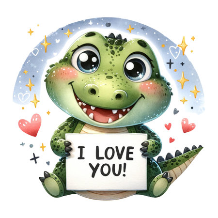 A crocodile with a sign saying "I love you!"の素材