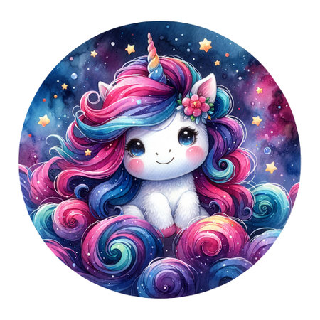 A unicorn with a floral mane nestled in a cosmic setting with swirling starsの素材