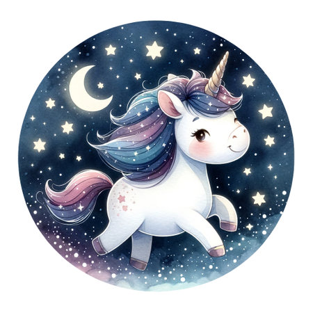 A unicorn with a purple mane under a crescent moon in a starry skyの素材