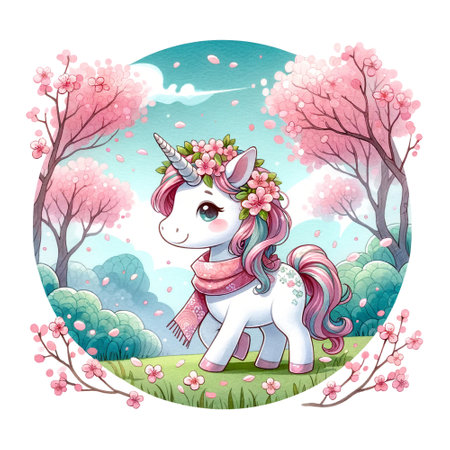 A unicorn with a floral mane stands in a blooming cherry blossom sceneの素材