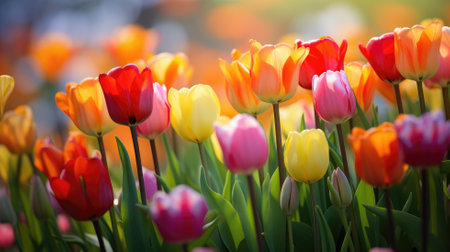 A vibrant bed of blooming tulips in a variety of colorsの素材