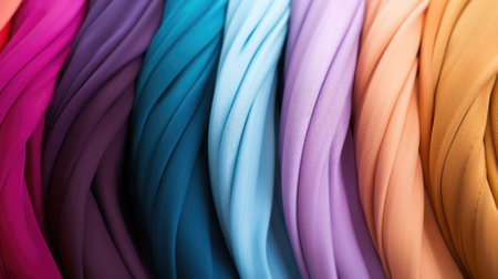 Assorted colorful fabric rolls arranged side by sideの素材