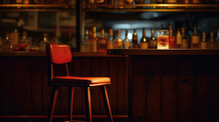 A solitary red bar stool in front of a dimly lit bar with a whiskey glass on the counterの素材