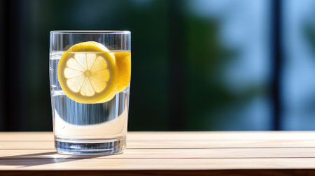 A glass of water with lemon slices against a blurred green backgroundの素材