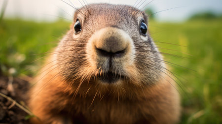 Close-up of a curious groundhog in grassの素材