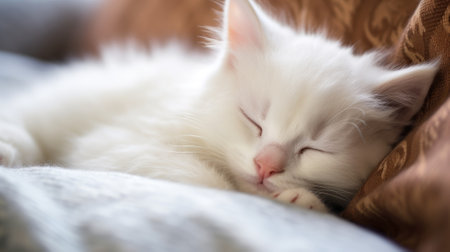 White kitten sleeping peacefully on a fluffy surfaceの素材