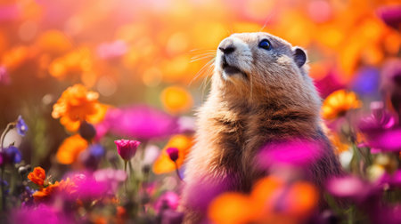 A prairie dog, groundhog standing among vibrant wildflowers looking upwardsの素材
