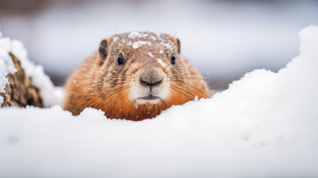 A prairie dog, groundhog with snowflakes on its head peeking out from the snowの素材
