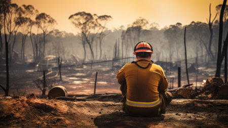 Firefighter sits facing a burnt forest, reflecting on the devastationの素材