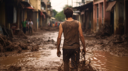 Person wading through a muddy street after a floodの素材