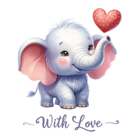 A baby elephant holding a heart balloon with the phrase "With Love"の素材