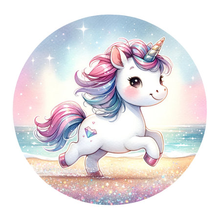 A unicorn runs along a shimmering beach, with a sparkling ocean behind itの素材