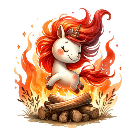 A fiery unicorn with a red mane jumps over a campfire, symbolizing energy and spiritの素材