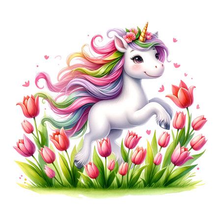 A unicorn prances among tulips, with a long mane and hearts floating aroundの素材