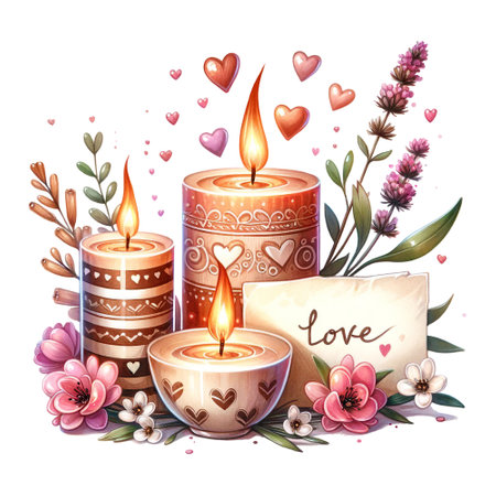 Aromatic candles with flames and the word "love" on an envelopeの素材