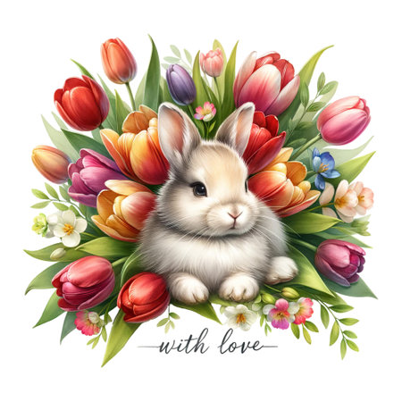 Bunny among tulips with the phrase "with love"の素材