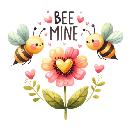 Two bees with the phrase "Bee mine" flutter around a heart-shaped flowerの素材