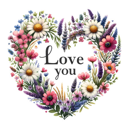 Floral heart wreath with the phrase "Love you"の素材