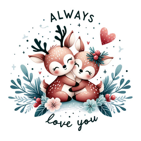 Two fawns snuggle lovingly, surrounded by florals with the phrase "Always love you"の素材