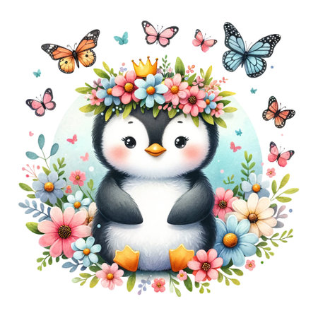 A crowned penguin surrounded by butterflies and flowersの素材