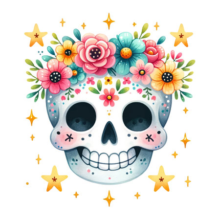 A skull adorned with a floral crown and surrounded by starsの素材