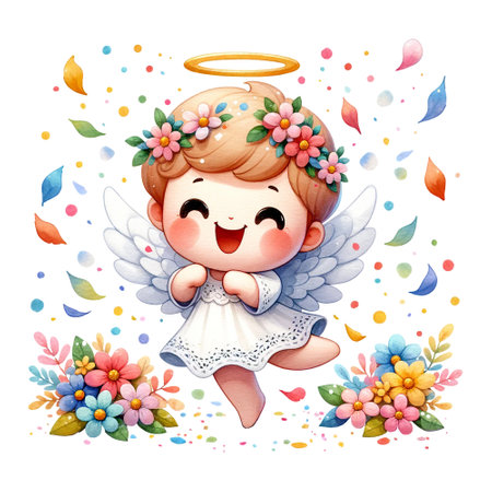 Cheerful angel with floral halo floating among petalsの素材