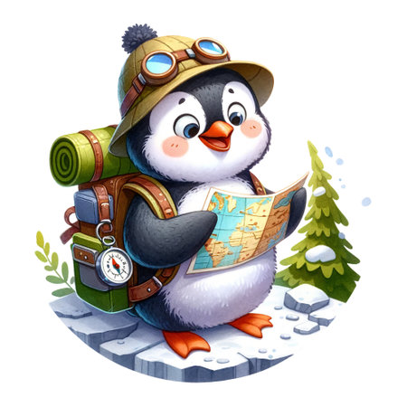 An explorer penguin with a map and backpackの素材