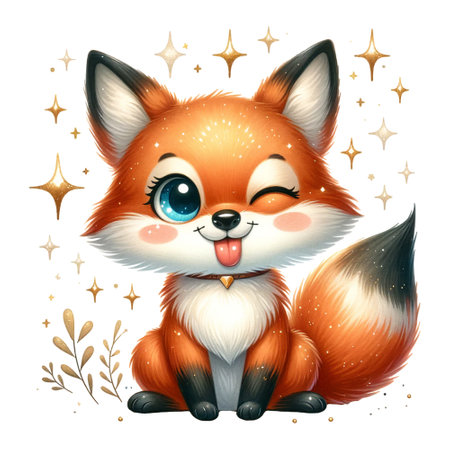 An illustrated cute, happy fox with large blue eyes and a fluffy tailの素材