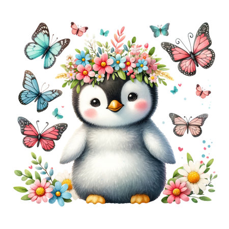 A penguin with a floral crown and butterfliesの素材