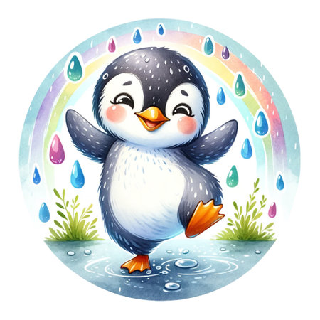 A cheerful cartoon penguin with a rainbow and raindrops in the backgroundの素材