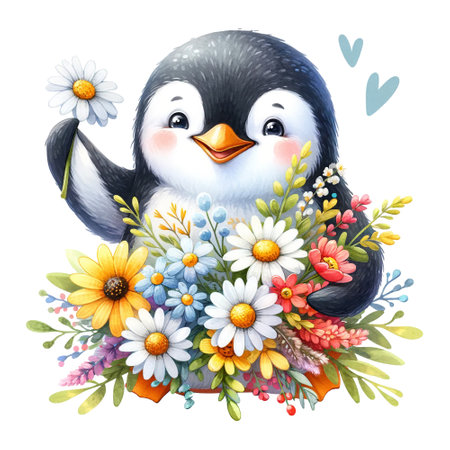 A cheerful penguin holding a bouquet of various flowersの素材