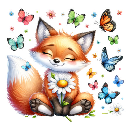 Smiling fox surrounded by butterfliesの素材