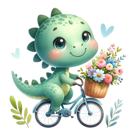 A dinosaur on a bicycle with a basket of flowersの素材