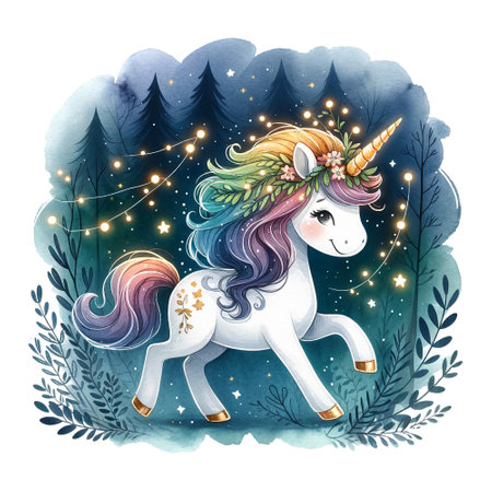 A unicorn in a magical forest with string lights at nightの素材