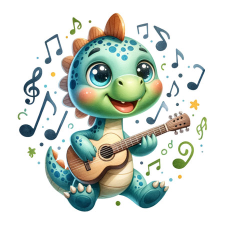 A dinosaur playing a guitar, surrounded by musical notesの素材