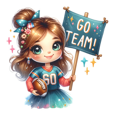 A cheerful girl with a football and "Go team!" flagの素材