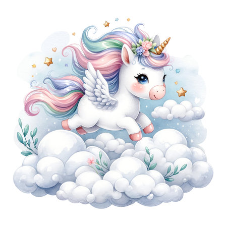 A pegasus among clouds with a rainbow-colored maneの素材