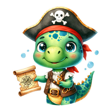 A cartoon dinosaur dressed as a pirate, holding a treasure mapの素材