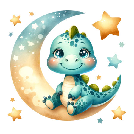 Blue dinosaur on a crescent moon among starsの素材