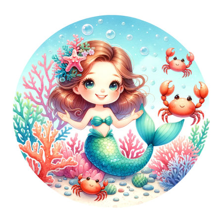 A mermaid playing with friendly crabs underwaterの素材