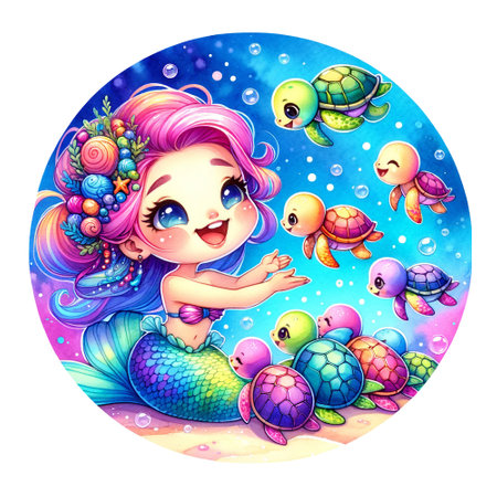A mermaid with colorful turtles and a vibrant underwater sceneの素材