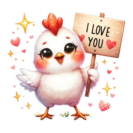 A cute chicken holding a sign that says "I love you"の素材