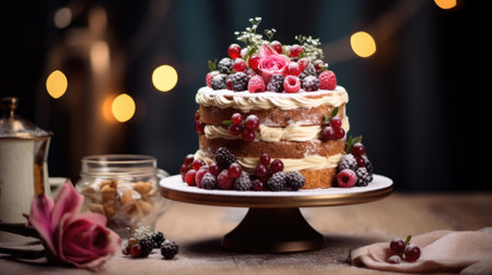 A richly decorated cake with a pink rose and assorted berries on a dark backgroundの素材