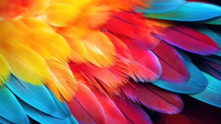 Close-up of colorful parrot feathers with vibrant textureの素材